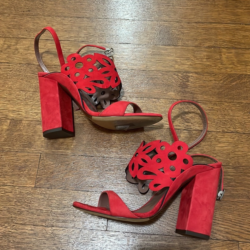 Tabatha Simmons red suede laser cut sandals
